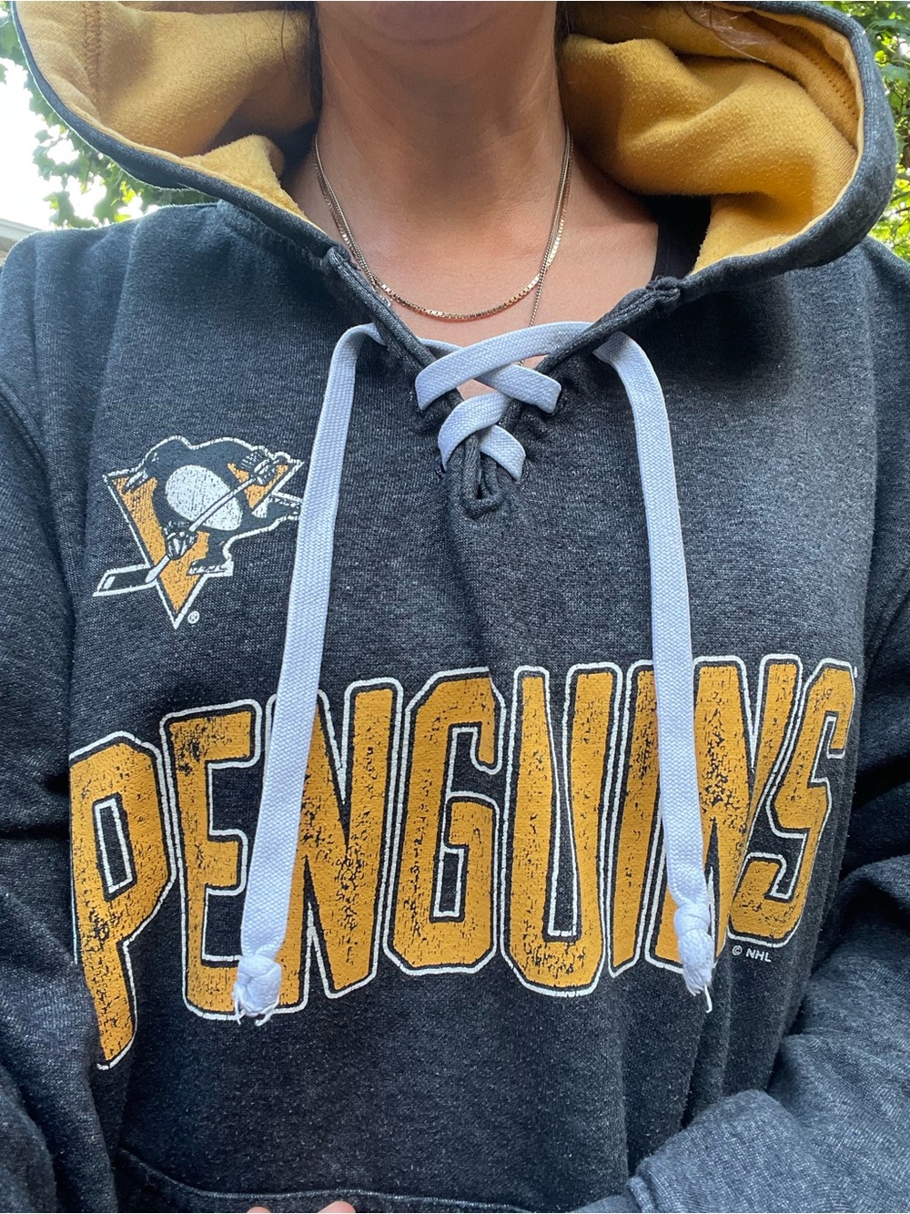 NHL Penguins Gray and Gold Lace-Up Crewneck Hoodie